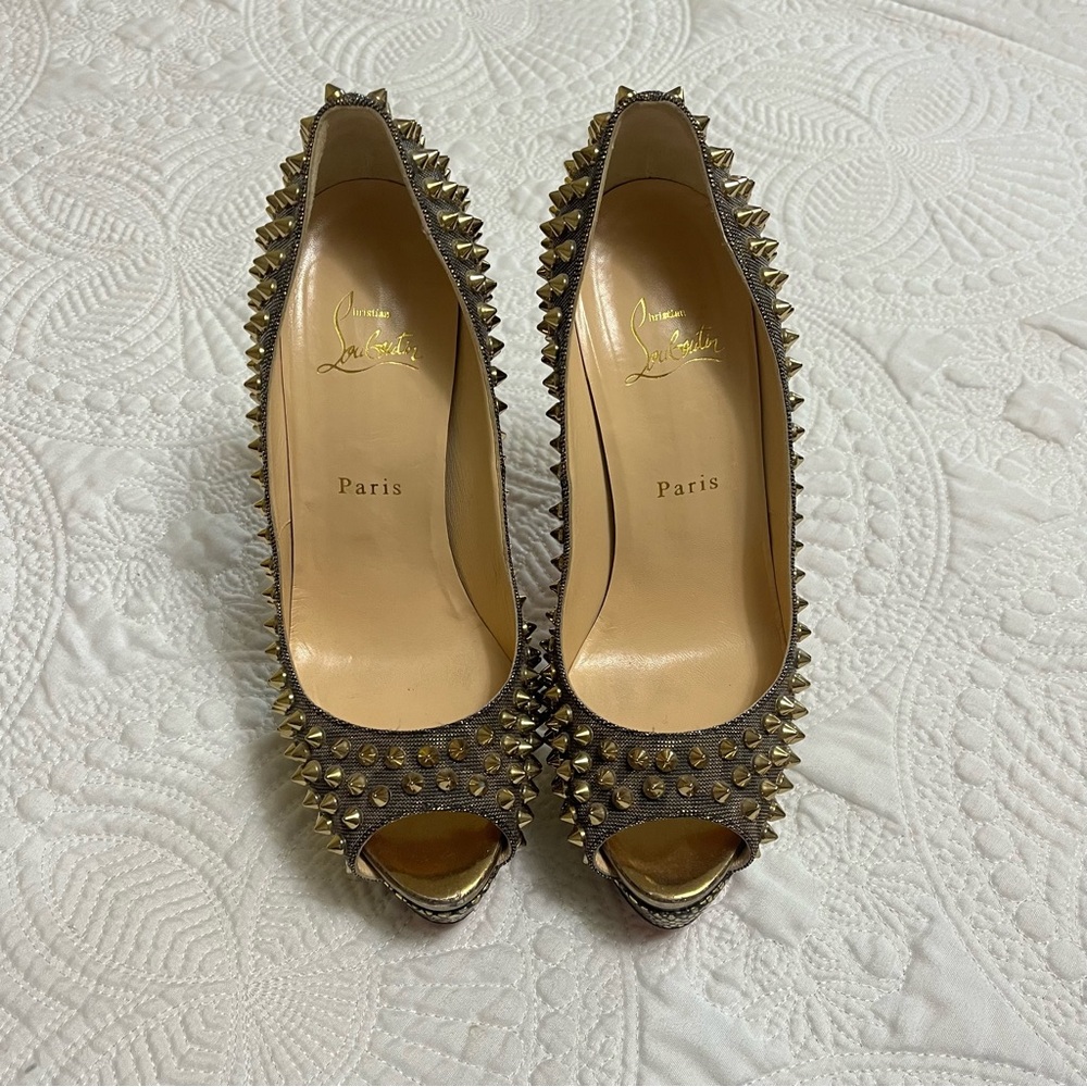 CHRISTIAN LOUBOUTIN Lady Peep Spike 150mm Gold Metallic Strass Rare Size 39 - Picture 6 of 11